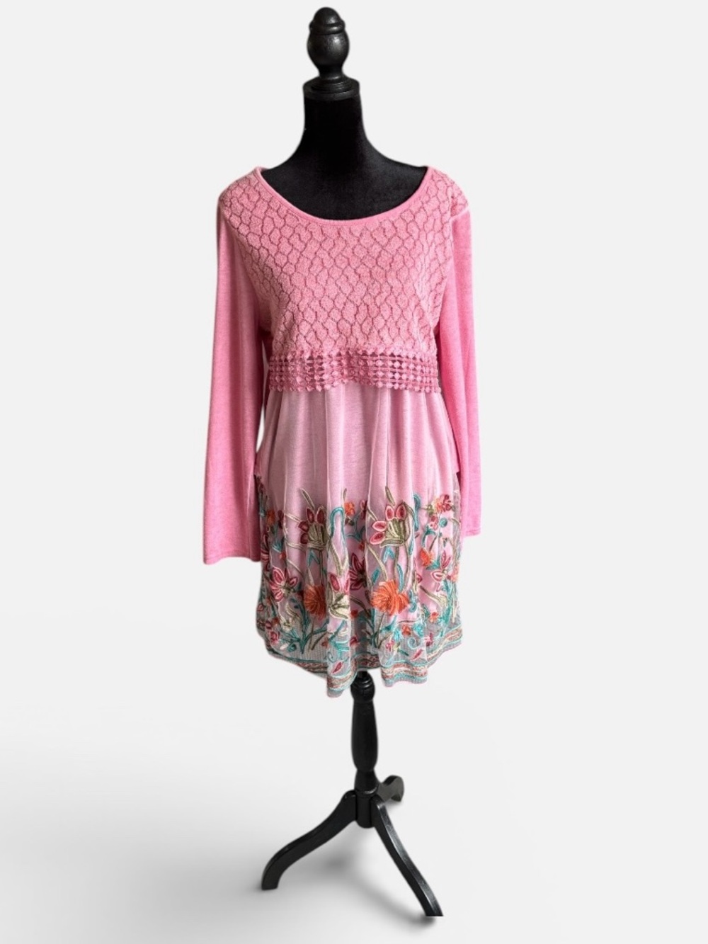 Simply Couture Pink Embroidered Hem Layered Tunic Top